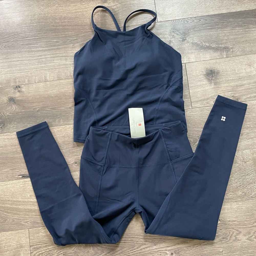 Sweaty Betty Super soft navy blue 7/8 leggings & tank top - small